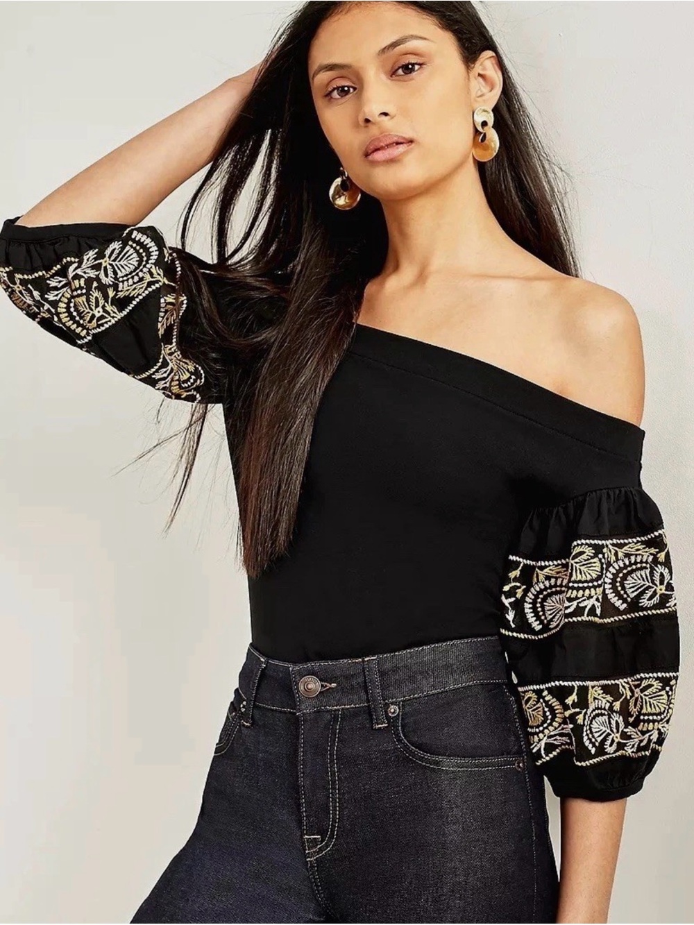 Free People Blouse Womens L Rock With It Top Black Embroidered Off the Shoulder